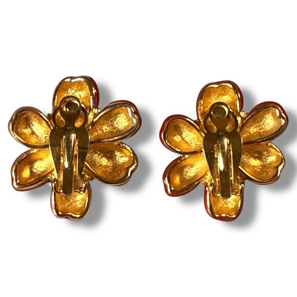 Vintage Joan Rivers Flower Earrings Womens Red Enamel & Rhinestone Clip On - Picture 4 of 6